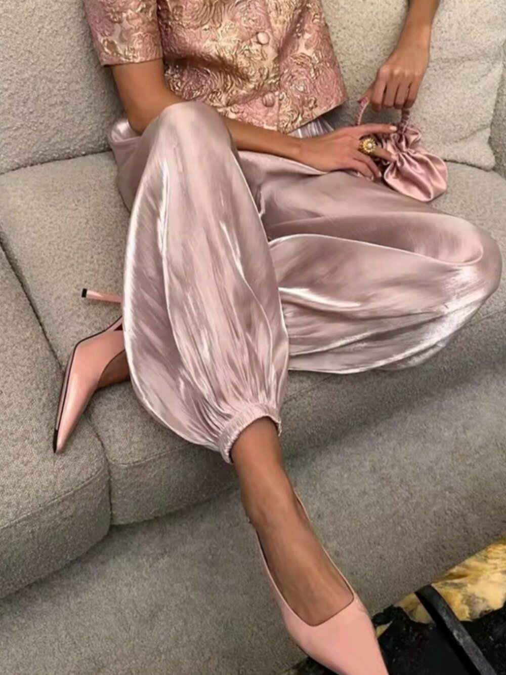 Ladies Elegant Pink Crepe Loose Bloomers For Women Pant Pleated Trousers Female